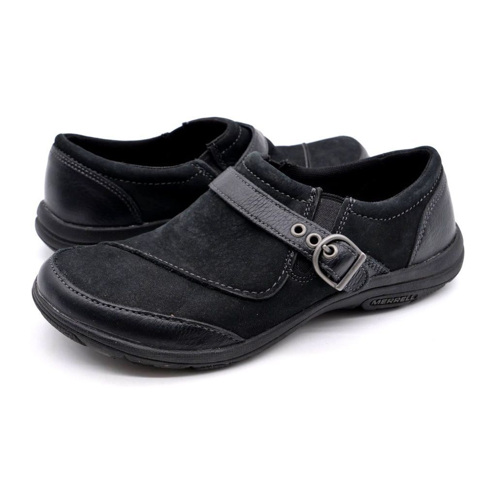 Merrell Leather Casual Slip On Moc Toe Strap Accent Womens Black Size 6.5 Used